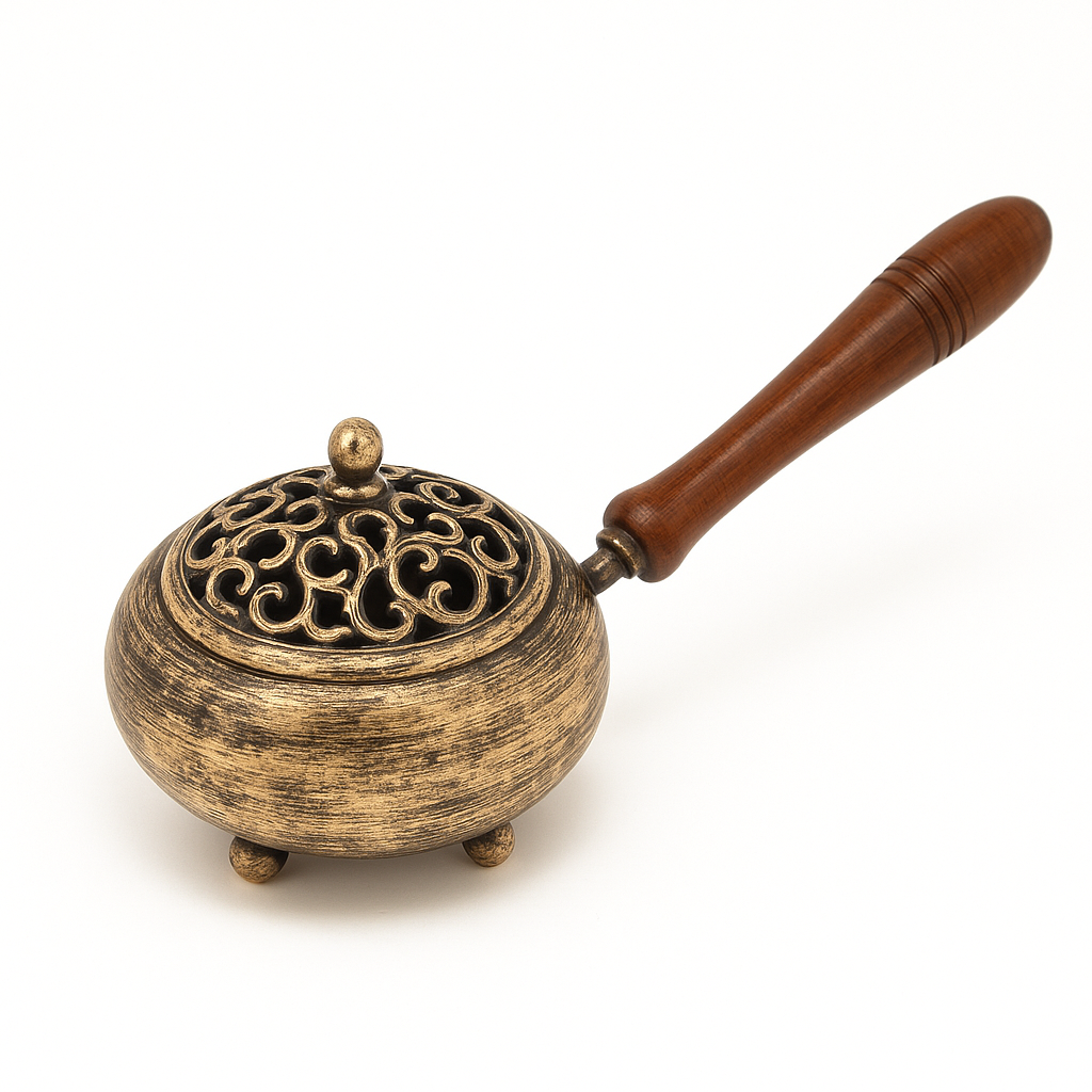 Antique style brass incense burner featuring a smooth wooden handle
