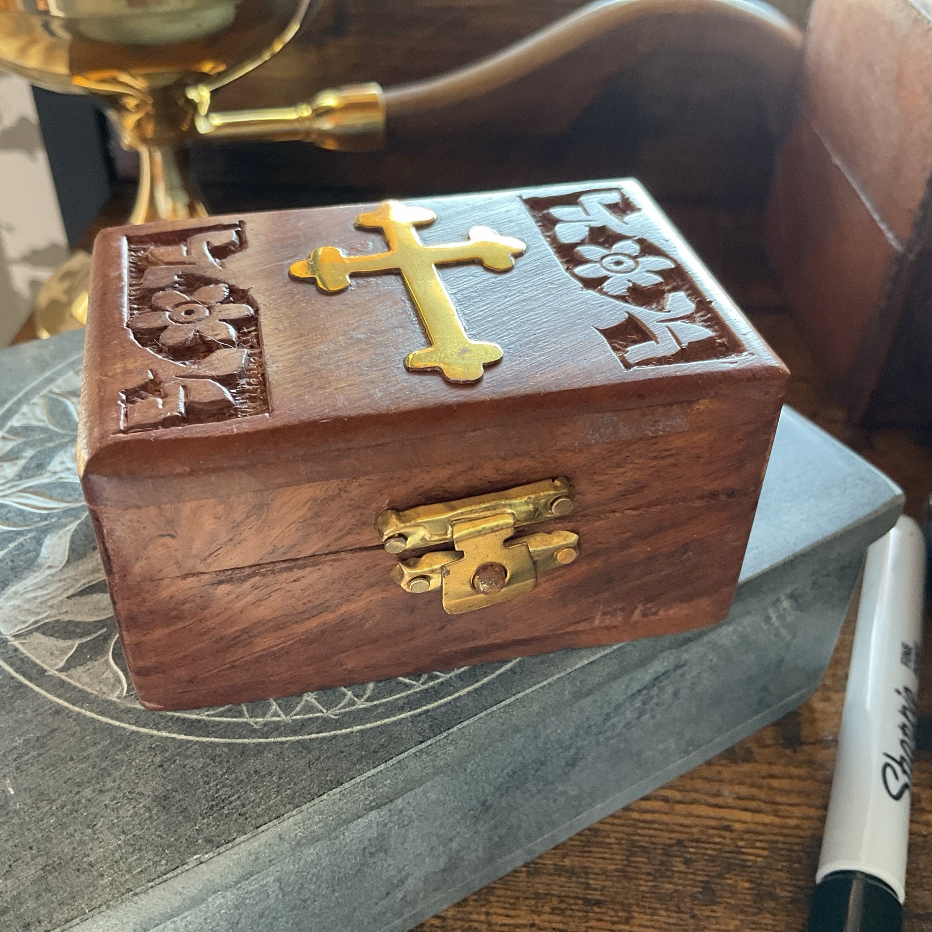 Brass Cross Inlaid Wooden Box - 3L x2W x 1.5"H (2 Pc)
