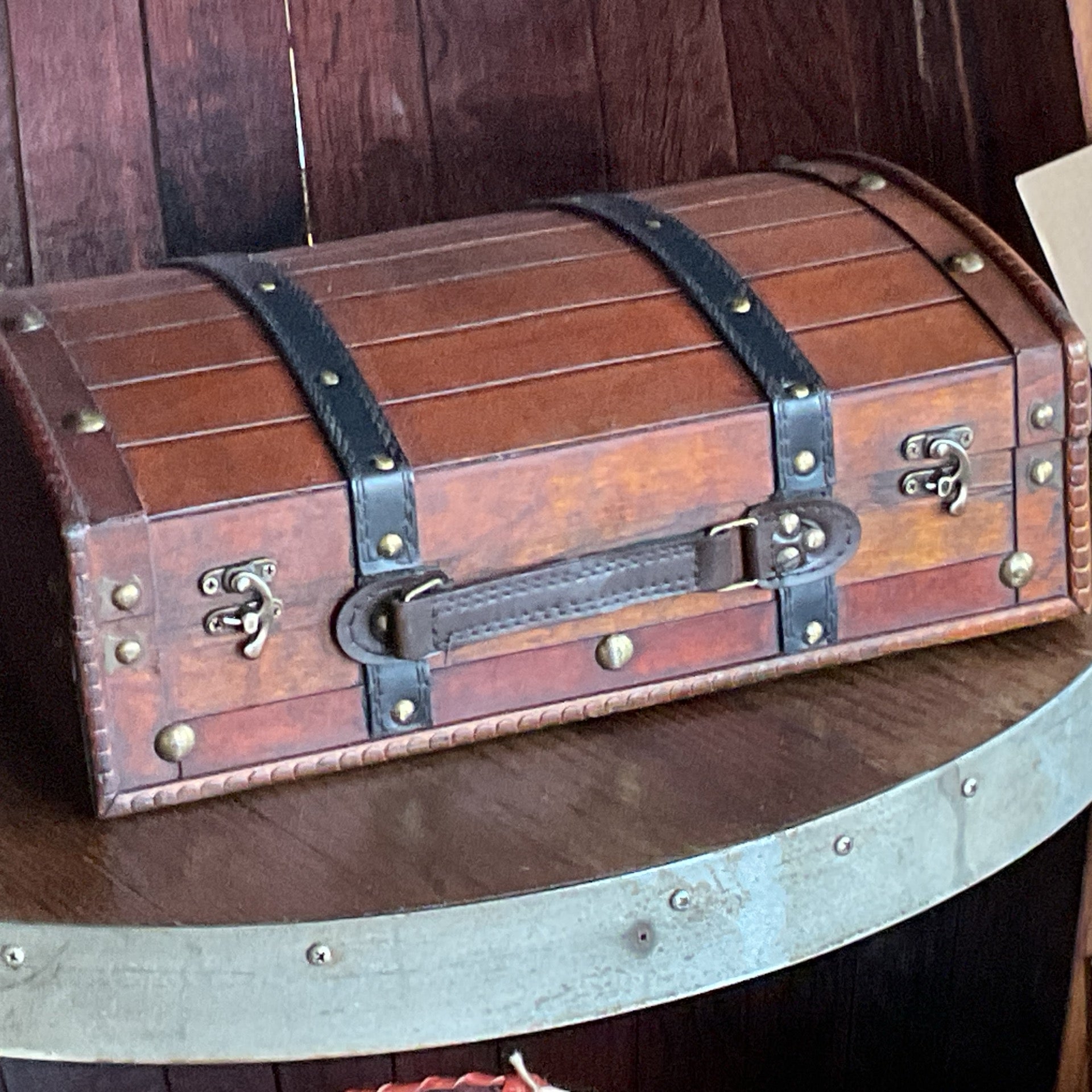 Antique Wooden Travel Suitcase Storage Box Rosewood Color 11.25"L x 14.25"W x 5.25"H