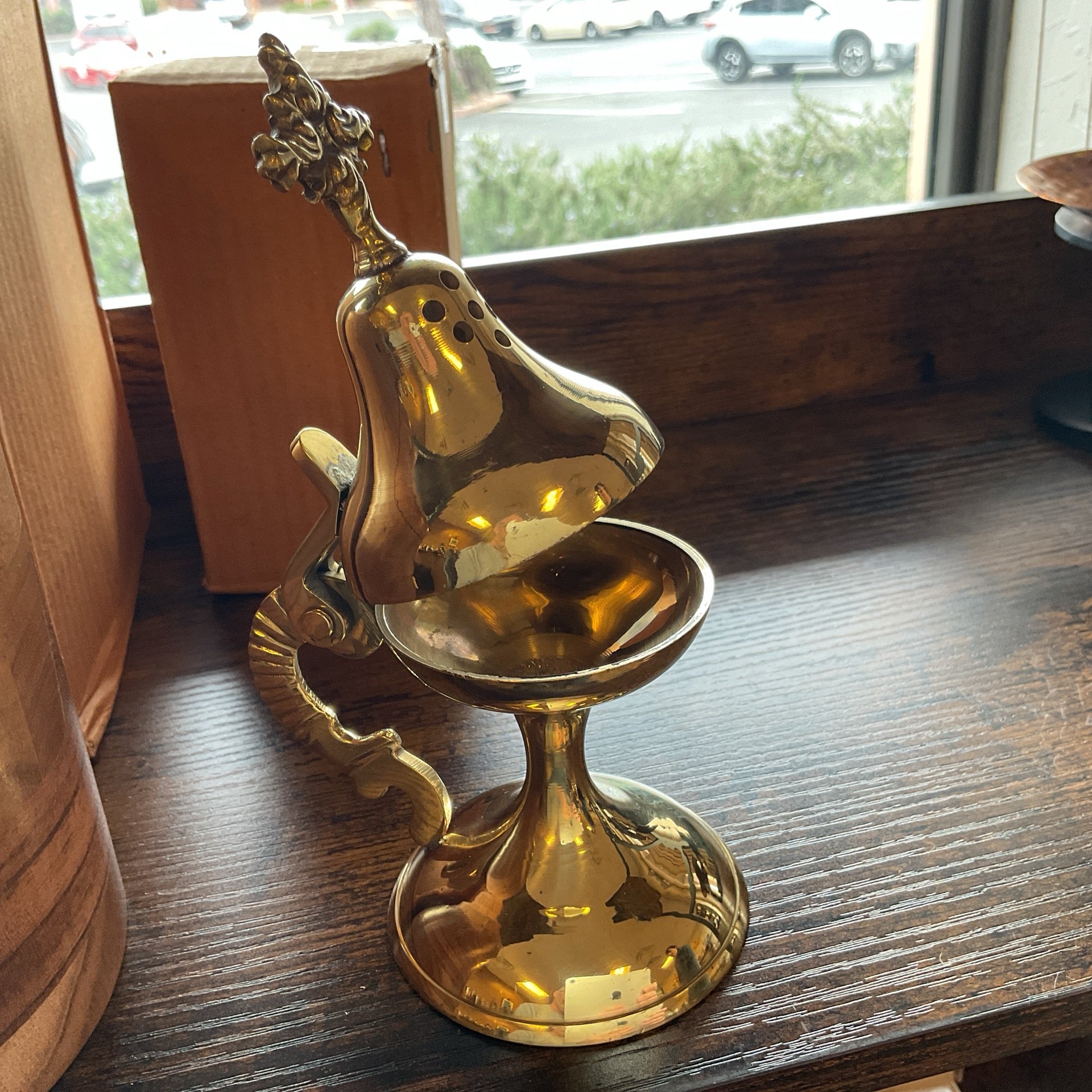 Pear Shape Solid Brass Burner 7"H with cross sign on top of the lid
