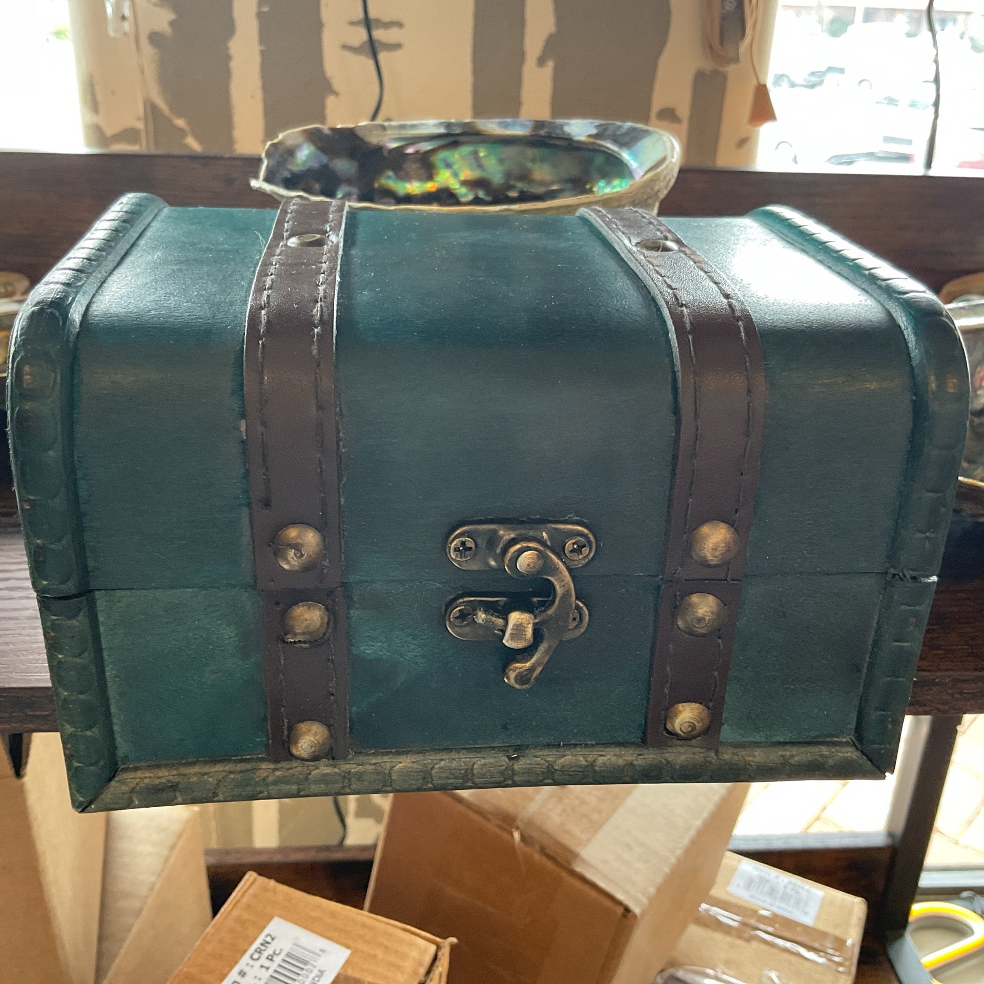 Antique Wooden Chest Box Green 6.25"L X 3.75"H x4.75"W