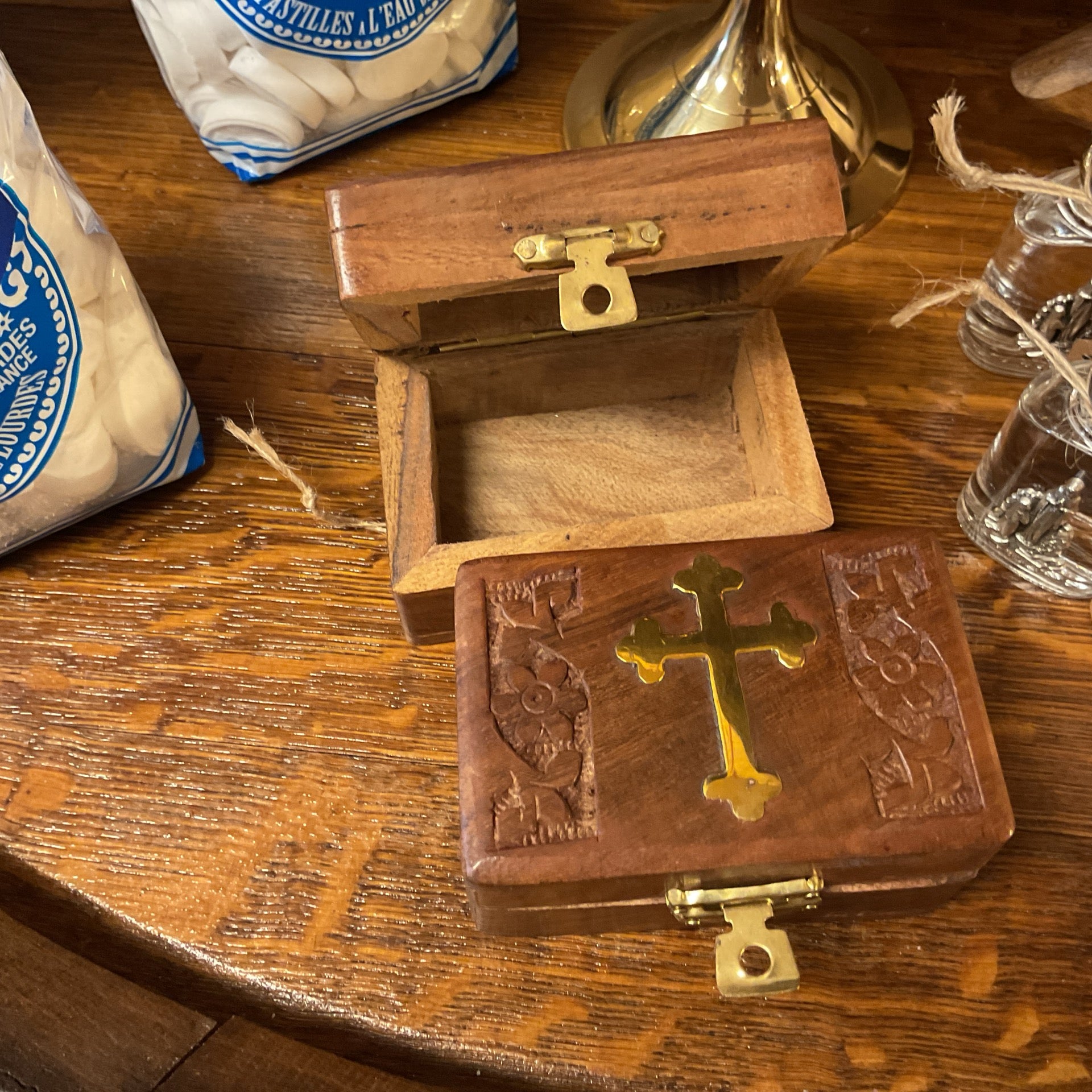 Cross Inlaid Wooden Box - 3 x3 x 1.5"H