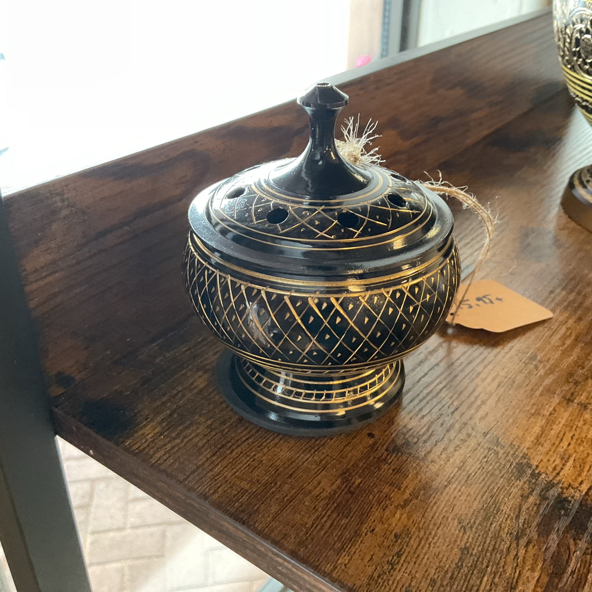 Black Carved Brass Burner. Ideal for: Resin Incense, Smudge Pot, Cone or Stick Incense 3"D 3.5"H w/Wooden Coaster & Lid