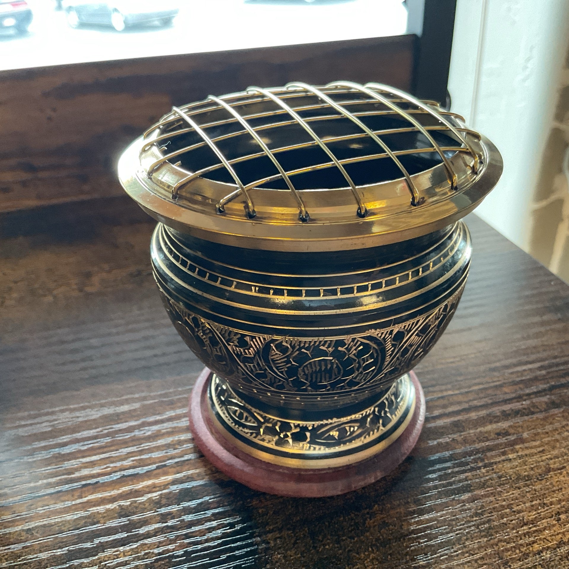 Carved Brass Screen Charcoal Burner w/Coaster- 4"H