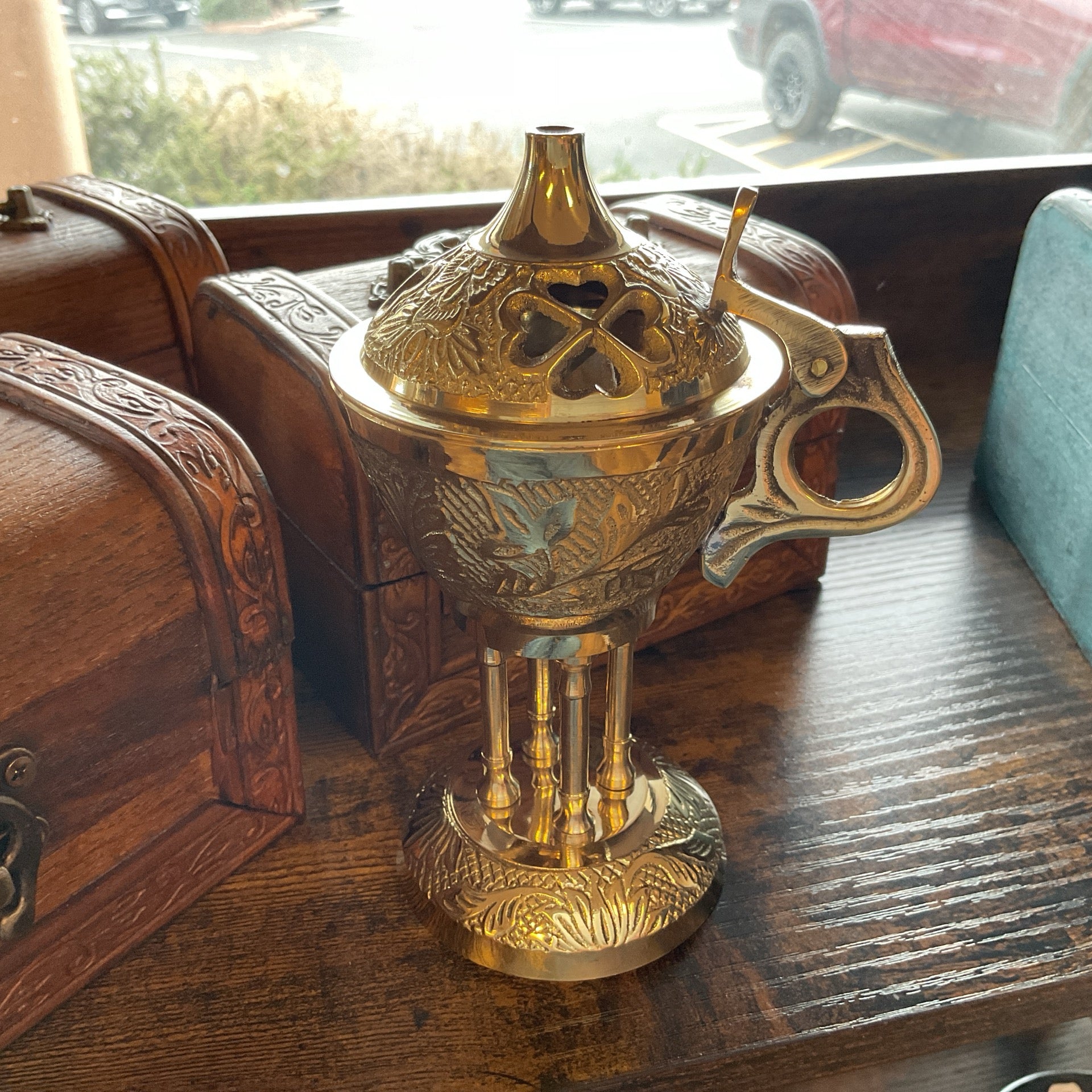 Carved Floral/Cross Brass Burner 7"H