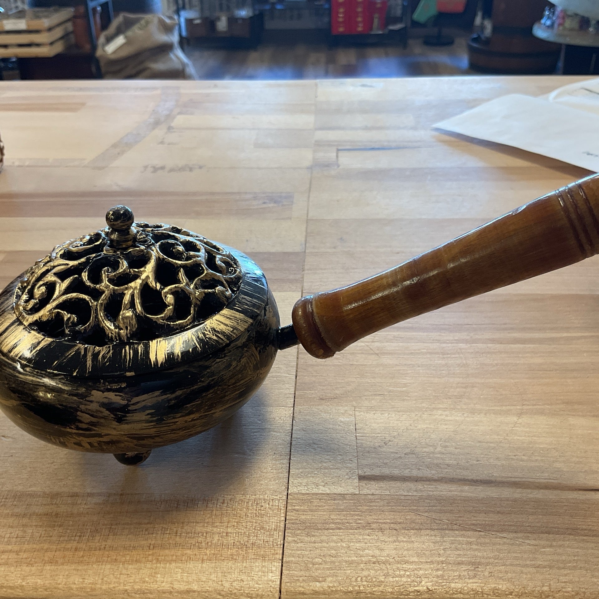 9” Golden finish iron charcoal burner with handle