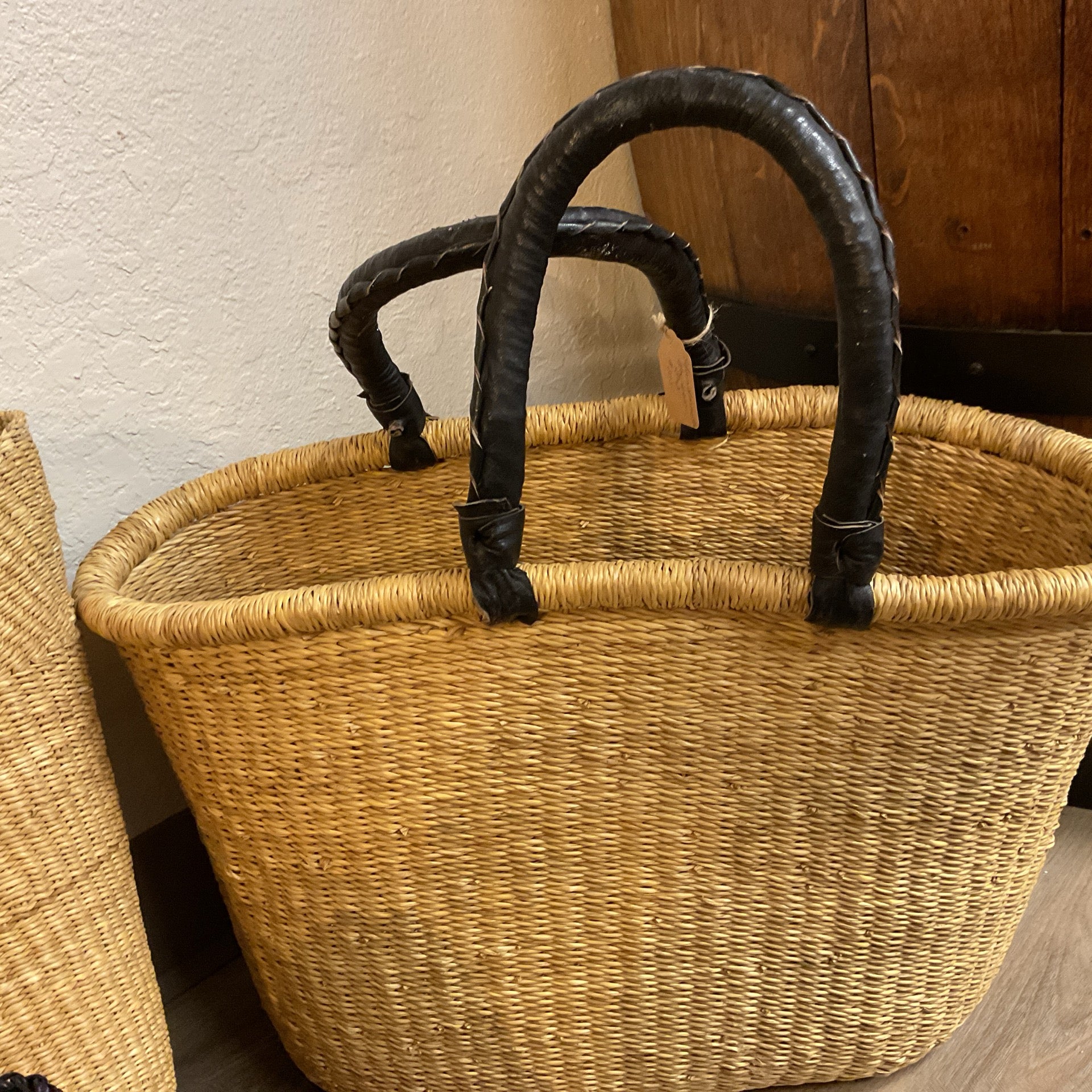 Handwoven Market Style Grass Basket Neutral Colors 15" x 9" x 14"