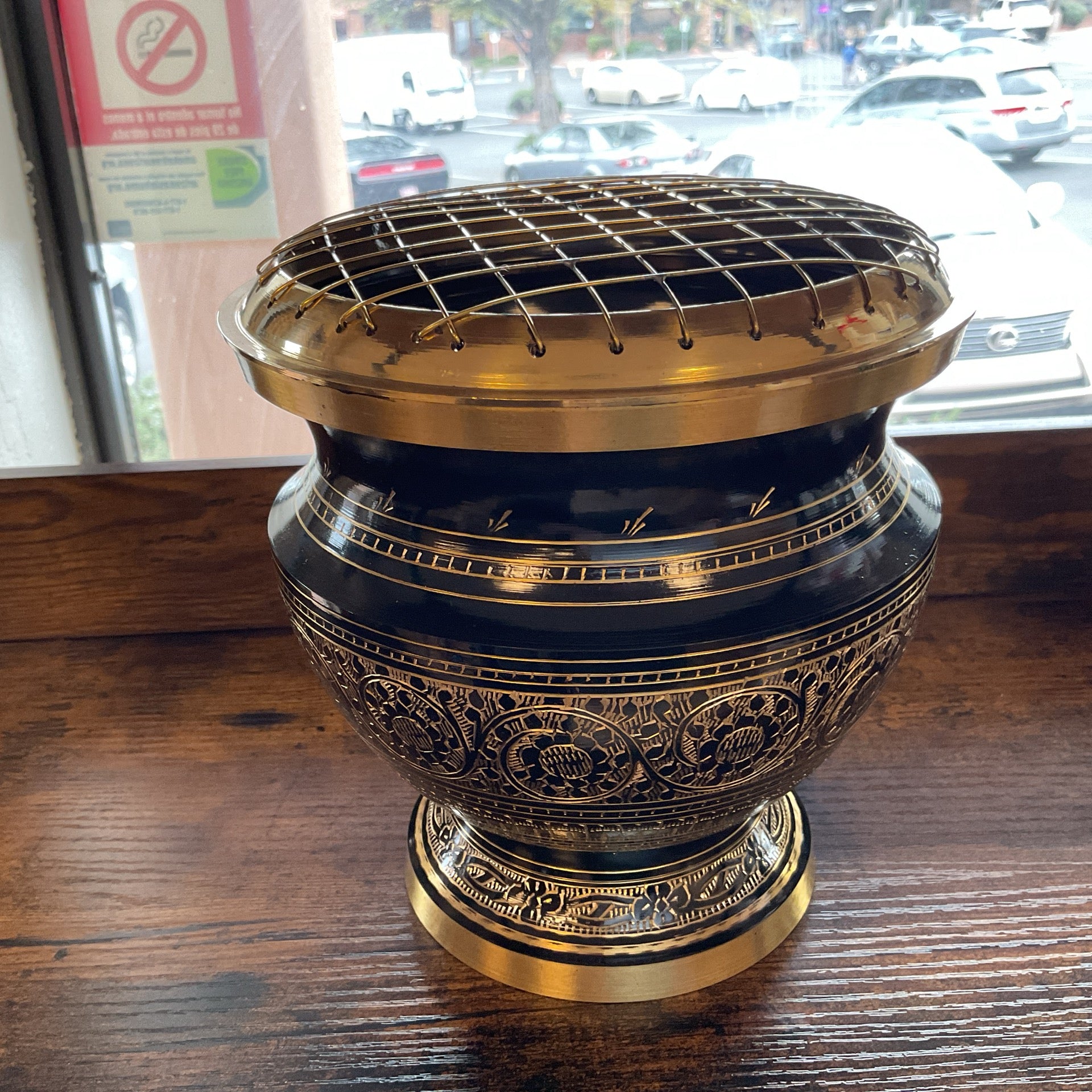 Black Carved Large Brass Censer Charcoal Burner 8"H 7"W