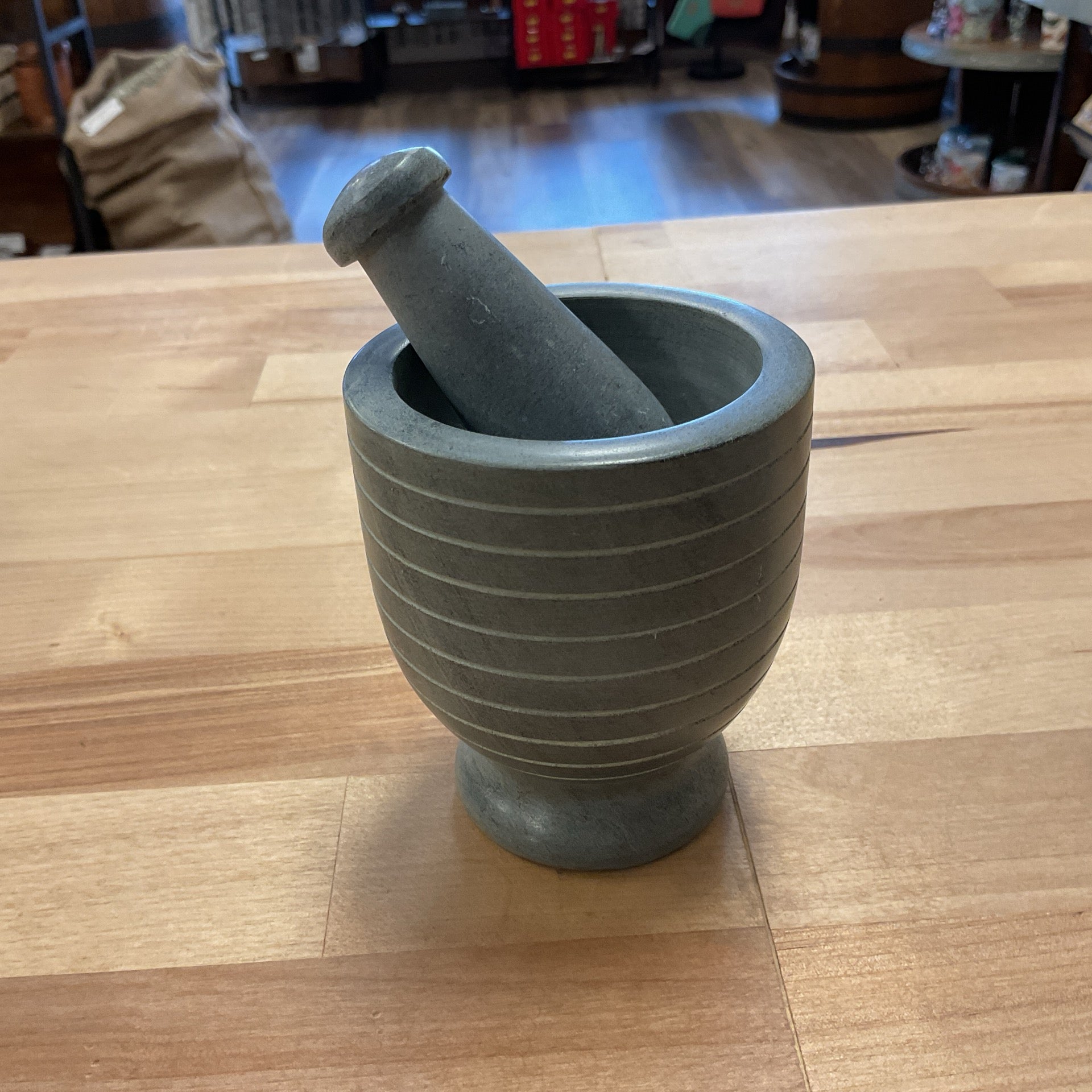 Gray stone mortar and pestle