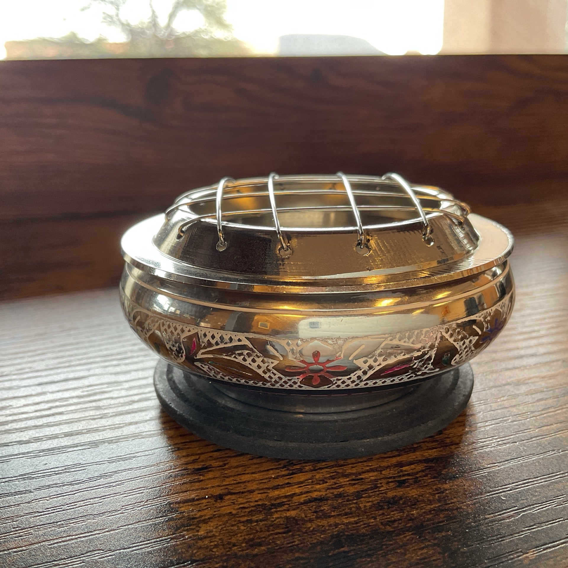 Silver finish colorful engraved Brass Screen Charcoal Burner 2.75"D x 1.75" with wood coaster