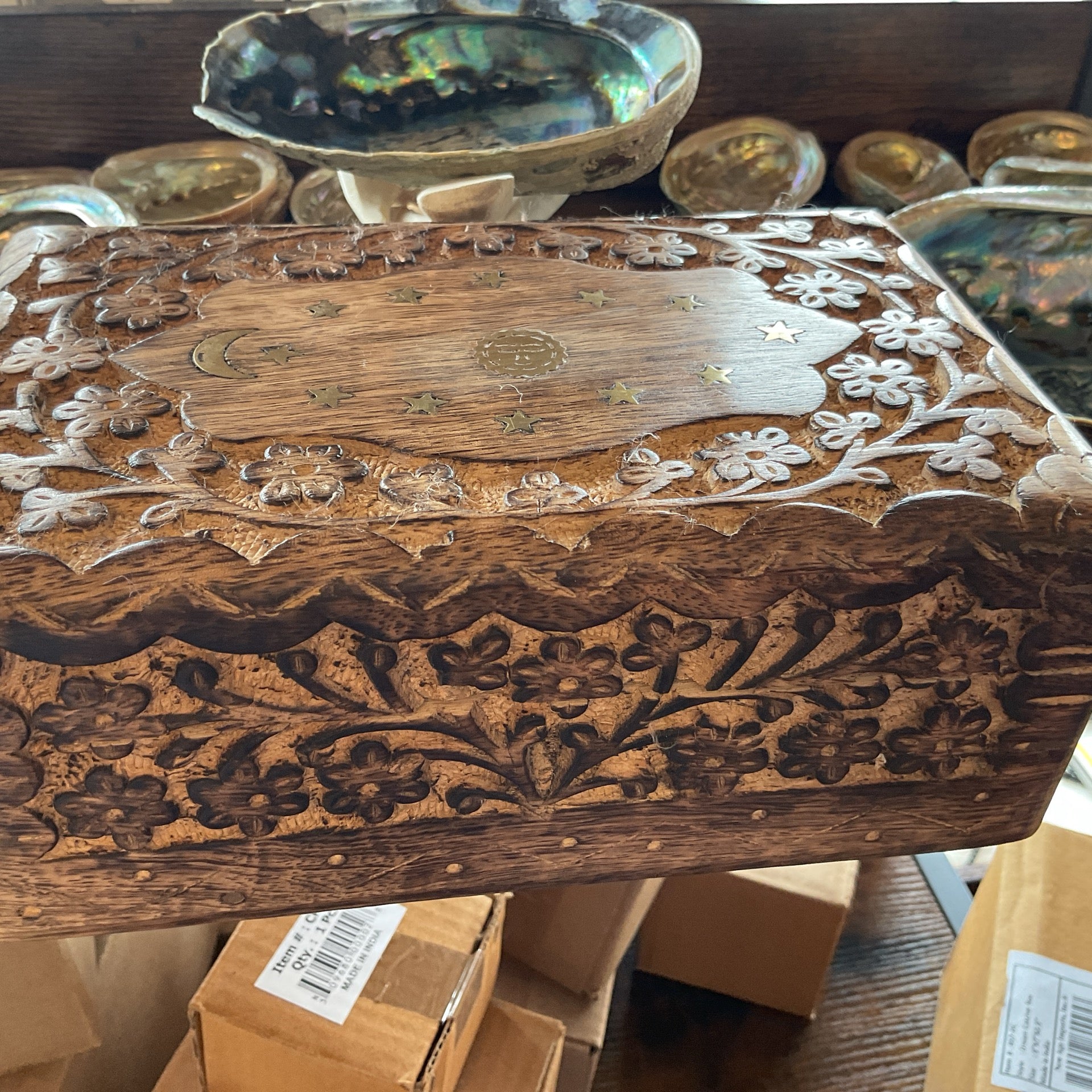 Celestial Inlay Floral Carved Wooden Box Set : 8"L, 6.5"L, 5.5"L (Set/3)